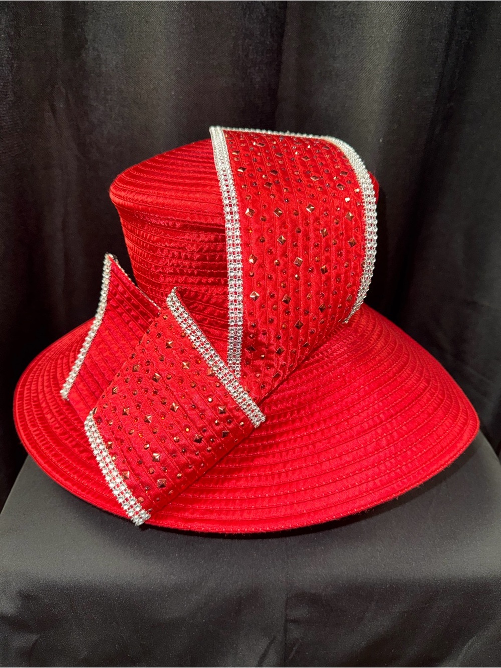 Elegant Red Womens Dress Hat with Crystal Trim